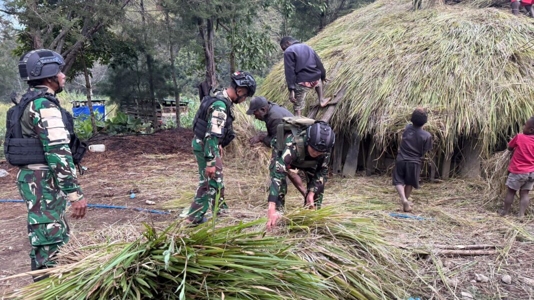 Gotong Royong Renovasi Rumah Adat Honai Papua Wujud Cinta Satgas Yonif 511/DY